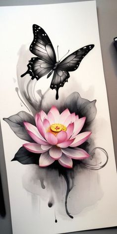 a watercolor painting of a pink flower with a butterfly on it's back