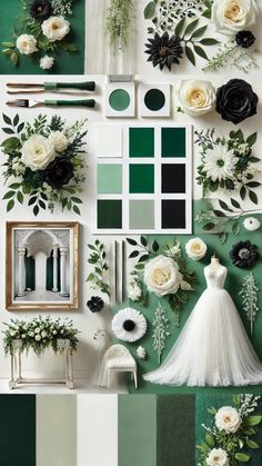 green and white wedding color scheme with flowers, greenery and bride's dress