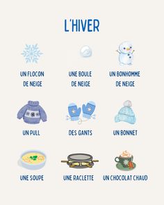 a poster with different types of winter clothing and words in french, including snowflakes