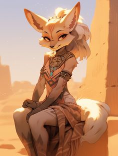 a fox sitting on top of a rock next to a tall pillar in the desert