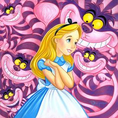 a painting of alice and the seven dwarfs in front of an evil looking pink background