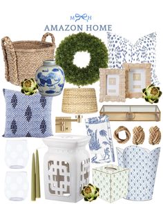 an assortment of blue and white items with the words amazon home