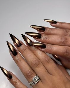 Aprés Gel-X and Structured manicures | Dark femme 🌚 @apresnailofficial sculpted long stiletto @daily_charme black gel polish @the_gelbottle_inc bronze chrome #gelx… | Instagram Black Gel Polish, Black Chrome Nails, Nail Designs Bling, Gold Chrome Nails, Angelcore Aesthetic, Bronze Nails, Black And Gold Aesthetic, Swirl Nails, Golden Nails