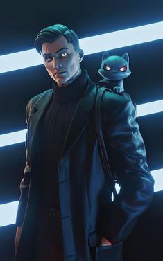 a man in a black suit and cat mask standing next to each other with his hands on his hips