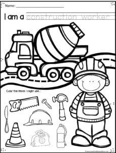 a construction worksheet for kids to color