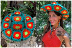 Flower of the Desert :: Another Flower Power Crochet Cowboy // Cowgirl Hat  Back by popular demand, I made all granny squares for this hat in turquoise teal, orange and neon yellow colors, and the same flower power style as the last crochet hats I made. Which style do you like more: 1, 2, 3, or 4? I would love to make this in different colors or styles; I can even make bucket hats. If you are interested in supporting me by buying a piece, or if you also have an idea in mind that you would like me to bring to life, send me a message. Green Crochet Festival Hat, Green Bohemian Hat, Green Bohemian Crochet Bucket Hat, Handmade Green Bohemian Hats, Green Bohemian Crochet Hat For Festivals, Green Brimmed Crochet Hat For Festival, Green Bohemian Crochet Hat For Vacation, Funky Handmade Beach Hats, Handmade Funky Beach Hats