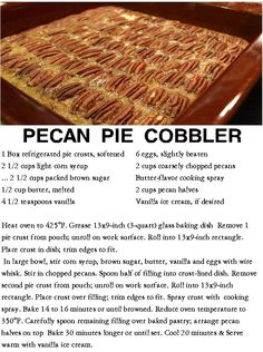 the recipe for pecan pie cobbler is shown in an image above it's description