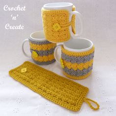 crochet coffee mug cozys and coasters are shown in yellow, gray and white