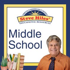 a man standing in front of a sign that says middle school with books on it