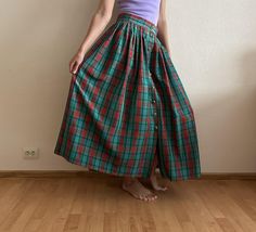 Vintage Birgitta Skirt Green Red Plaid Skirt Checkered Button up High Waist Knee Length Lined  Label size: C 42 Shown on model S/M Measurements: Length: 36.5"/ 93 cm Waist: 15 3/4"/ 40 cm (lying flat) Condition: Great Vintage Condition Material: 100%acetate N.B. Color may slightly differ from picture Please check measurements to insure a proper fit. Remember to allow yourself some extra room for movement. You can compare these with something from your closet that fits you well. SHIPPING * I ship Red Buttoned Skirt, Red Plaid Skirt, Vintage Rock, Extra Room, Plaid Skirt, Green Skirt, Plaid Skirts, Red Plaid, Label Sizes