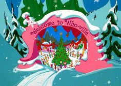 an animated christmas scene with santa and his sleigh in front of a pink sign that says, welcome to who - sit?