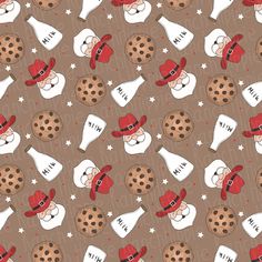 a brown background with cookies and hats on it