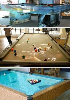 an old pool table turned into a game room