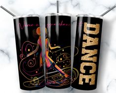 two personalized tumbles with the name dance on them and an image of a woman dancing