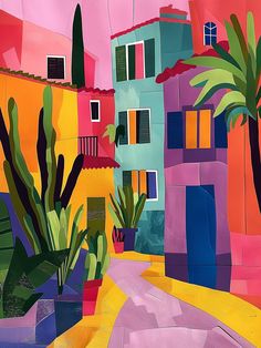 an abstract painting of colorful buildings and plants