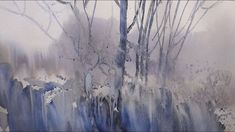 an abstract painting of trees and snow on a white background with blue watercolors