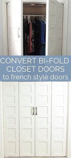 an open closet door with the words convert bi - fold closet doors to french style doors