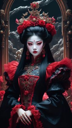 a woman with long black hair and red makeup