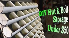 a close up of a window with the words diy nut and bolt storage under $ 50