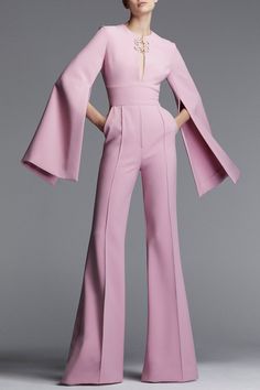 Elie Saab cady jumpsuit in pale rose. 92%PL 8%EA Dry clean Made in Italy Elie Saab Suit, Elie Saab Jumpsuit, Jumpsuits For Women Classy, Pink Jumpsuits Outfit, Jumpsuit Prom, Bridgerton Style, Platter Ideas, White Pants Women, Classy Jumpsuit