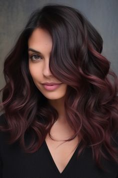 Dark Hair To Red Balayage, Red Burgundy Balayage Hair, Hair Color Changes For Dark Hair, Brown Hair Burgundy Balayage, Dark Brown Burgundy Hair Balayage, Cherry Coke Balayage Dark Brown, Burgundy Balayage On Brown Hair, Hair Styles For Dark Brown Hair, Burgundy Bayalage Hair Dark