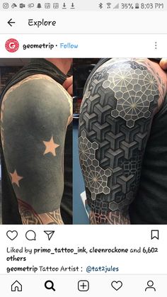 an instagram page with two pictures of tattoos on the left arm and one in the middle