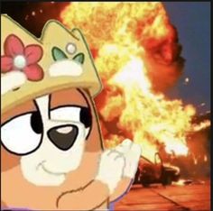 an animated image of a dog wearing a fire helmet in front of a large explosion