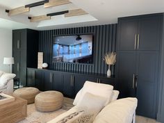 a living room filled with furniture and a flat screen tv mounted to the side of a wall