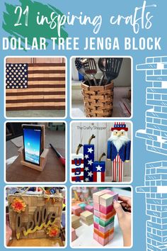 collage of wooden crafts with text overlay that reads 21 inspiring crafts dollar tree jeana block