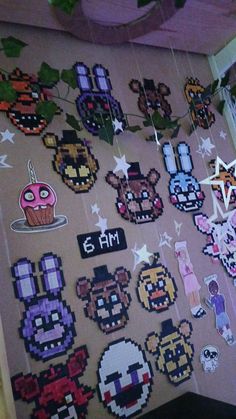 the wall is decorated with pixel art and decorations