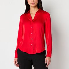 This satin women's blouse by Worthington is a tailored, on-trend essential to wear to the office with chinos or jeans and boots. It has a spread collar, v-neckline, long sleeves, button cuffs, a curved hem for easy layering, and a button-down placket.2nd Piece Sleeve Length: Long SleevesClosure Type: ButtonFit: Regular FitNeckline: Collar NeckSleeve Length: Long SleeveSleeve Style: Cuffed SleeveApparel Length: 27 InchesFiber Content: 100% PolyesterFabric Description: SatinCollar: Point CollarCar Slim Fit Button-up Blouse For Semi-formal Occasions, Solid Tops With Button Closure For Work, Business Casual Spread Collar Blouse, Business Casual Solid Blouse With Spread Collar, Slim Fit Button-up Blouse With Button Closure, Solid Color Shirt With Buttons For Work, Elegant Red Slim Fit Shirt, Sleek Business Casual Top With Buttons, Solid Blouse With Button Closure For Business Casual