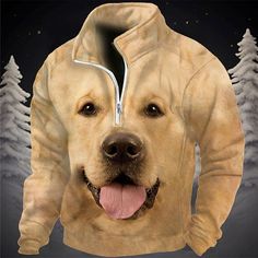 a dog wearing a hoodie with trees in the background and snow on the ground