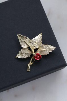 Gold Tone Leaf Branch Brooch - Red Rose Brooch - Leaves Brooch Rose Gold Brooch Pins For Gifts, Formal Gold Brooch With Rose Design, Gold Leaf Brooch For Gift, Elegant Red Brooch Pins, Elegant Gold Flower Brooches, Ornate Handmade Gold Brooches, Elegant Leaf-shaped Brooches For Gifts, Jewelry Tattoo, Gifts For My Wife