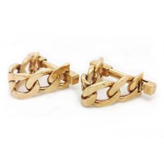 A pair of gold, flattened curb chain, stirrup cufflinks, mounted in 18ct gold, with sprung fittings, made in Italy with 750 and 1216AL Italian marks for Barbieri Fratelli, circa 1968. Barbieri Fratelli, founded by Walter Barbieri, in 1963, is a manufacturing jeweller, in Alessandria. These vintage Italian gold stirrup curb link cufflinks, crafted in 18ct yellow gold, exude luxury and sophistication. The design features a stirrup shape which adds a touch of charm to any outfit. Circa 1968, these Luxury Designer Yellow Gold Cufflinks, Stirrups, Tie Accessories, Cuff Links, Curb Chain, Vintage Italian, Out Of Style, Diamond Pendant, Antique Gold