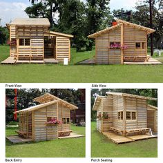 three different views of a small wooden cabin