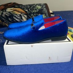 Blue Suede Dressing Shoes Barely Used Once Brand New Condition Blue Slip-on Summer Loafers, Blue Round Toe Dress Shoes For Spring, Blue Slip-on Loafers For Summer, Blue Round Toe Loafers For Party, Blue Loafers With Round Toe For Party, Blue Slip-on Dress Shoes For Party, Blue Low-top Dress Shoes For Formal Occasions, Blue Closed Toe Loafers For Summer, Blue Flat Loafers For Summer