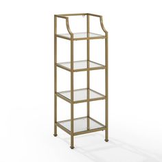 a gold metal shelf with glass shelves