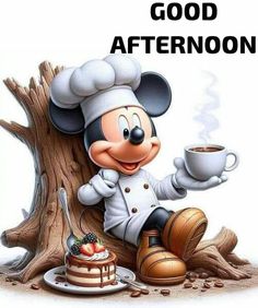 a cartoon mouse with a cup of coffee sitting on top of a tree stump next to a cake