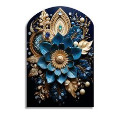 a blue flower with gold leaves and pearls on it's center is surrounded by other flowers