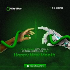 an advertisement for new urban tech store with two hands reaching out to each other and the words happy new month written below