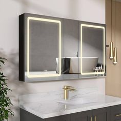 a bathroom with a sink, mirror and lights on the wall next to a potted plant