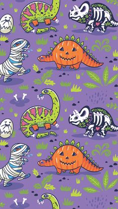 halloween dinosaurs and pumpkins on purple background