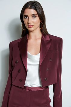 Cropped, bold shouldered, it has the cool factor! Designed in our Luxe Satin Back Crepe, Elie Tahari Exclusive Satin Back Crepe Cropped Open Front Tuxedo Jacket Cropped Tuxedo Jacket, Tuxedo Pants, Tuxedo Jacket, Long Sleeve Short Dress, Elie Tahari, Cargo Pant, Knit Tees, Denim Coat, Knit Jacket