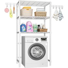 a washing machine sitting in front of a dryer and shelves with cleaning products on it