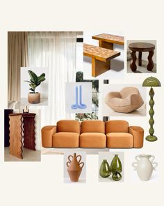 a collage of furniture and decor items including a couch, coffee table, vases