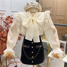 Job Clothes, Clueless Outfits, Lace Tie, Korean Fashion Dress, Korean Girl Fashion, Tie Neck Blouse, Chiffon Long Sleeve, Kpop Fashion Outfits, Fancy Outfits