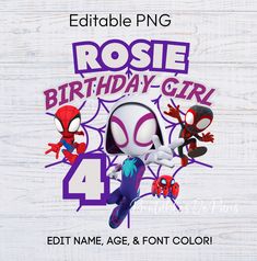 the spiderman birthday girl is in front of a white background with purple and red letters