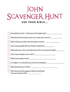 FREE John Bible Scavenger Hunt - Children's Ministry Deals Bible Scavenger Hunt, Catechism Crafts, Bible Games For Kids, John Bible, The Book Of John, Bible Study Activities, Childrens Ministry Curriculum, Bible Worksheets, Children Church