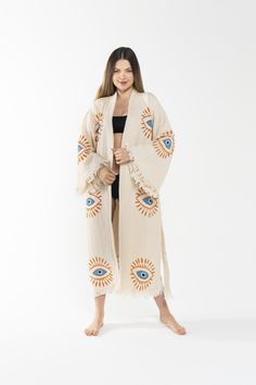 #evileyekimono #evileyerobe Traditional Kimono For Spring Beach Cover-up, White Traditional Kimono For Loungewear, Traditional White Kimono For Loungewear, Bohemian Embroidered Kimono For Vacation, Traditional Long Kimono For Summer, Beige Cotton Kimono For Festivals, Traditional Open Front Kimono For Vacation, Traditional Open Front Kaftan For Festivals, Traditional Open Front Kaftan For The Beach