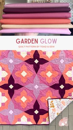 the garden glow quilt pattern is shown in pink, purple and orange colors with an image of